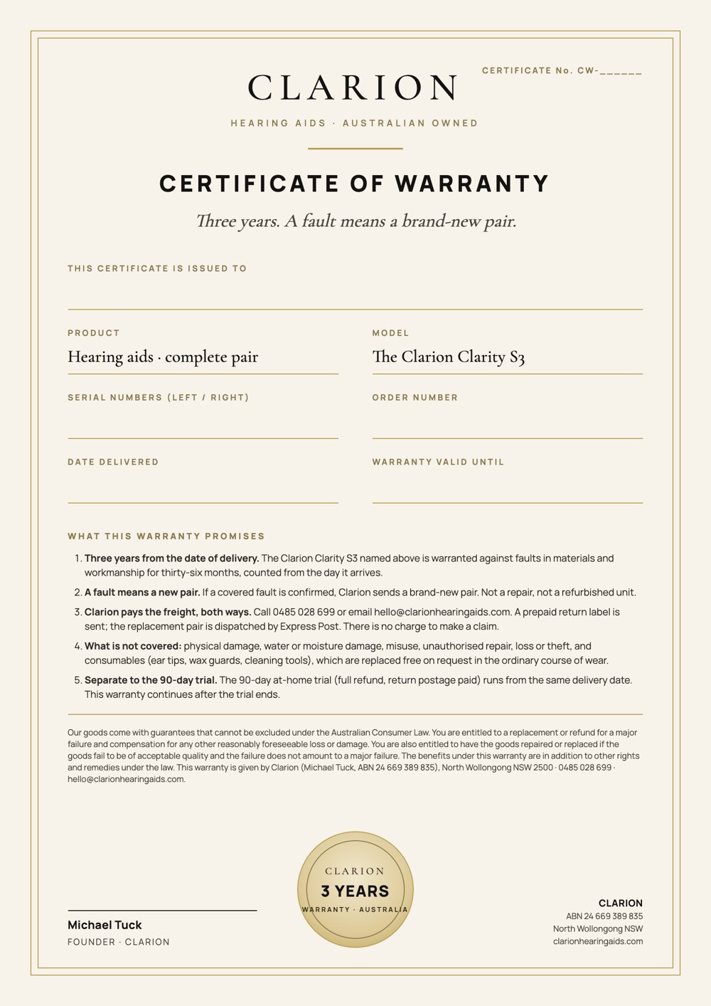 Clarion Certificate of Warranty: a fault means a brand-new complete set, signed by Michael Tuck